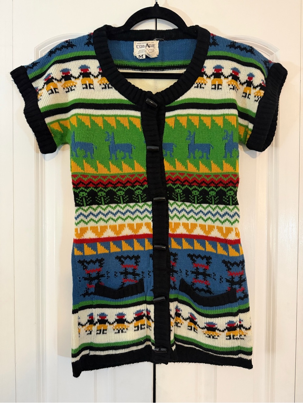Vintage 70s Collage Novelty Knit Cardigan-Retro Fair Isle Llama Short Sleeve